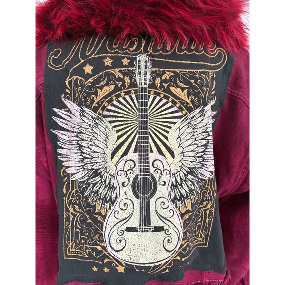 Upcycled Y2K Cropped Oversized Denim Jacket Faux Fur Guitar Graphic Burgundy - Picture 2 of 8